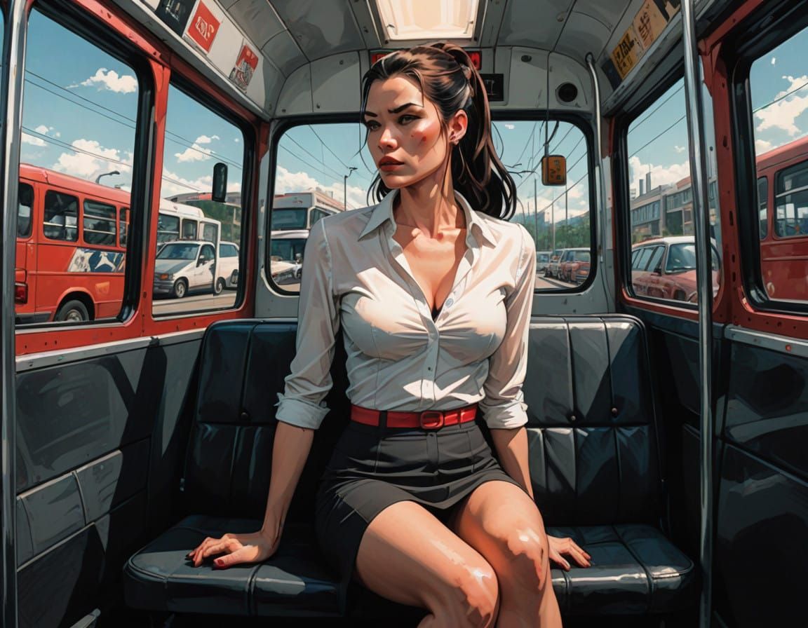 Sultry Woman on Bus in Modern Comic-Book Style