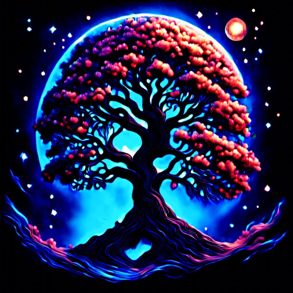 Cosmic Psychedelic Sakura Tree in Surreal Style