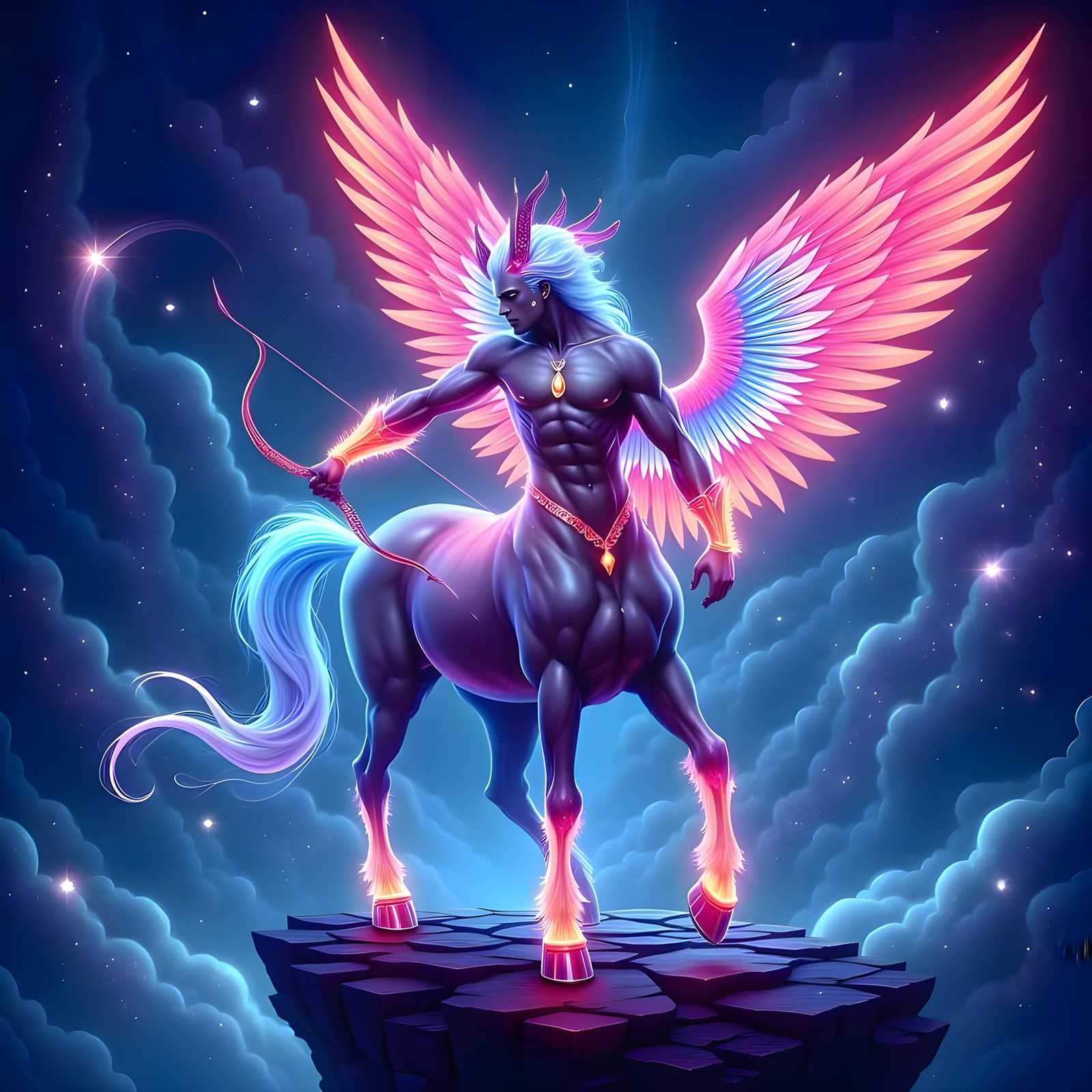 Surreal Fantasy Masterpiece of a Centaur with Neon Wings and...
