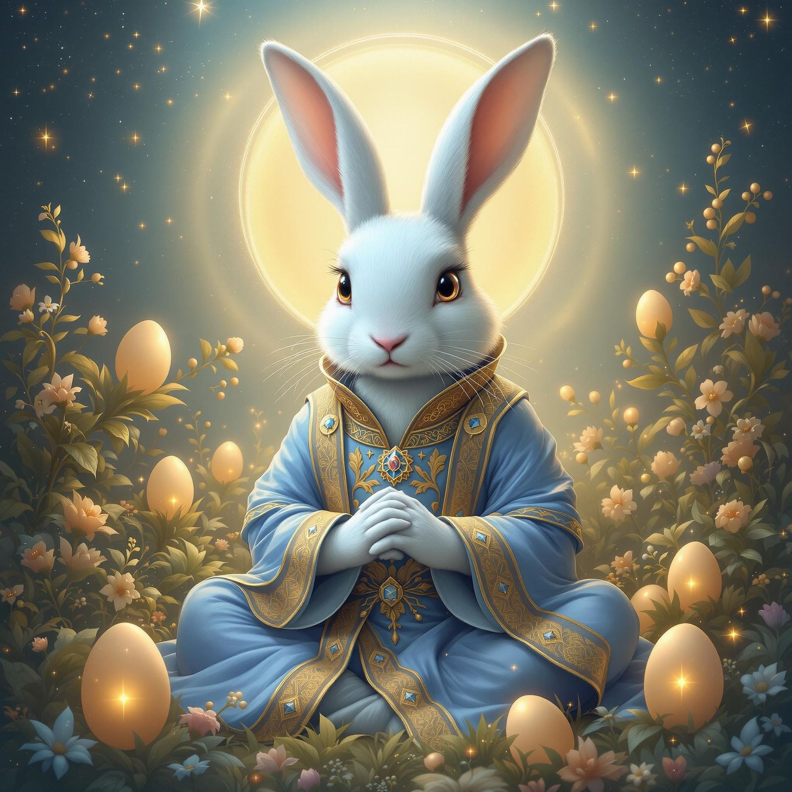 Regal Easter Rabbit in Cosmic Garden