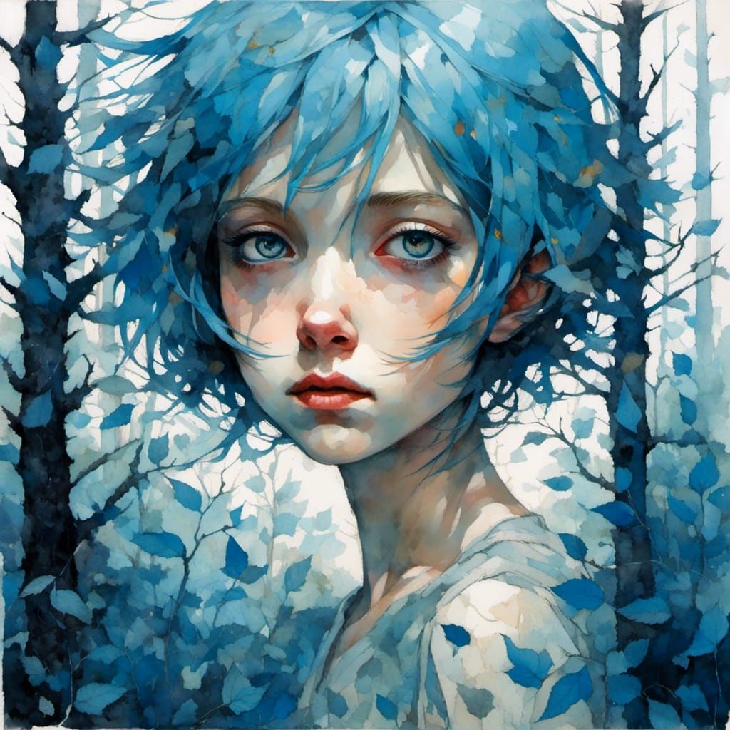 Blue-Haired Girl in a Happy Blue Forest
