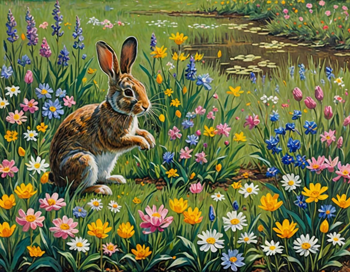 Rabbit Draws Spring Flowers as Chalk Pastel Art