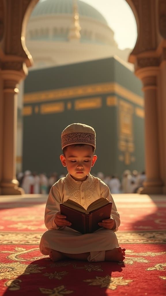 Child in Traditional Attire Reads Quran Before Majestic Kaab...