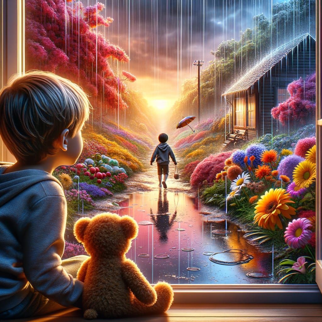 Henri and Bear at Window, Rain Puddles and Sparkling Flowers