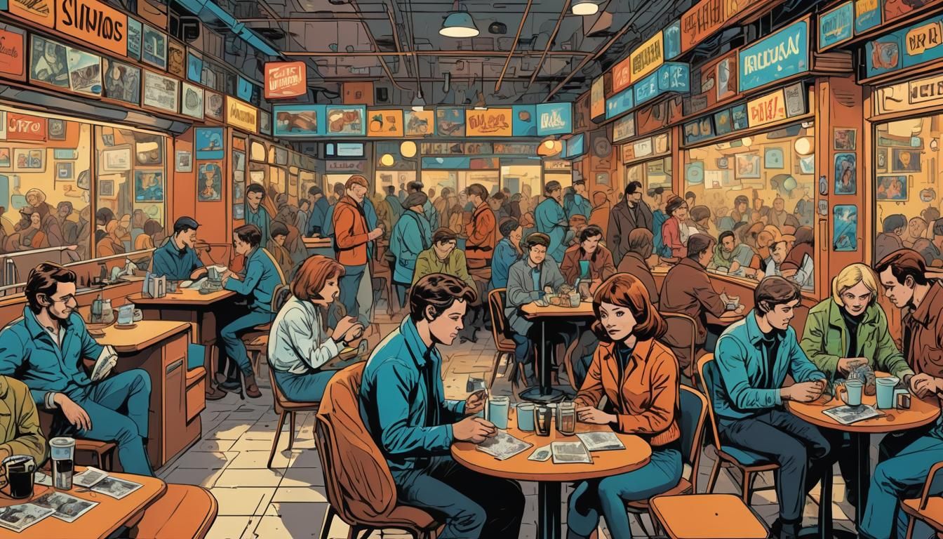 Retro-Futuristic Cafe Scene in Pop Art Style