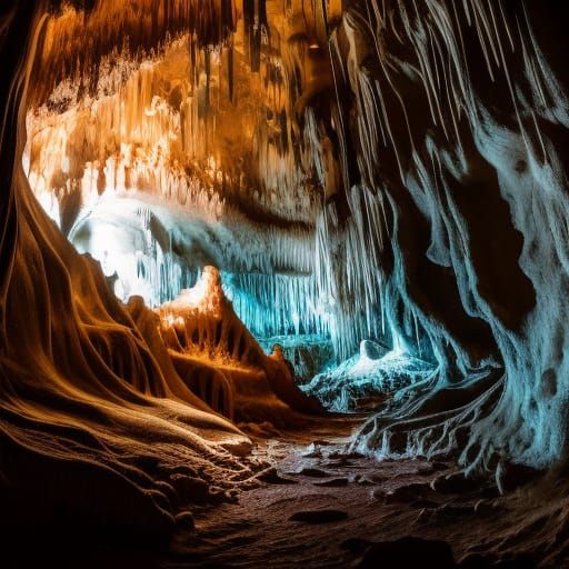 surreal view from inside a massive hollow cave with stalagmi...