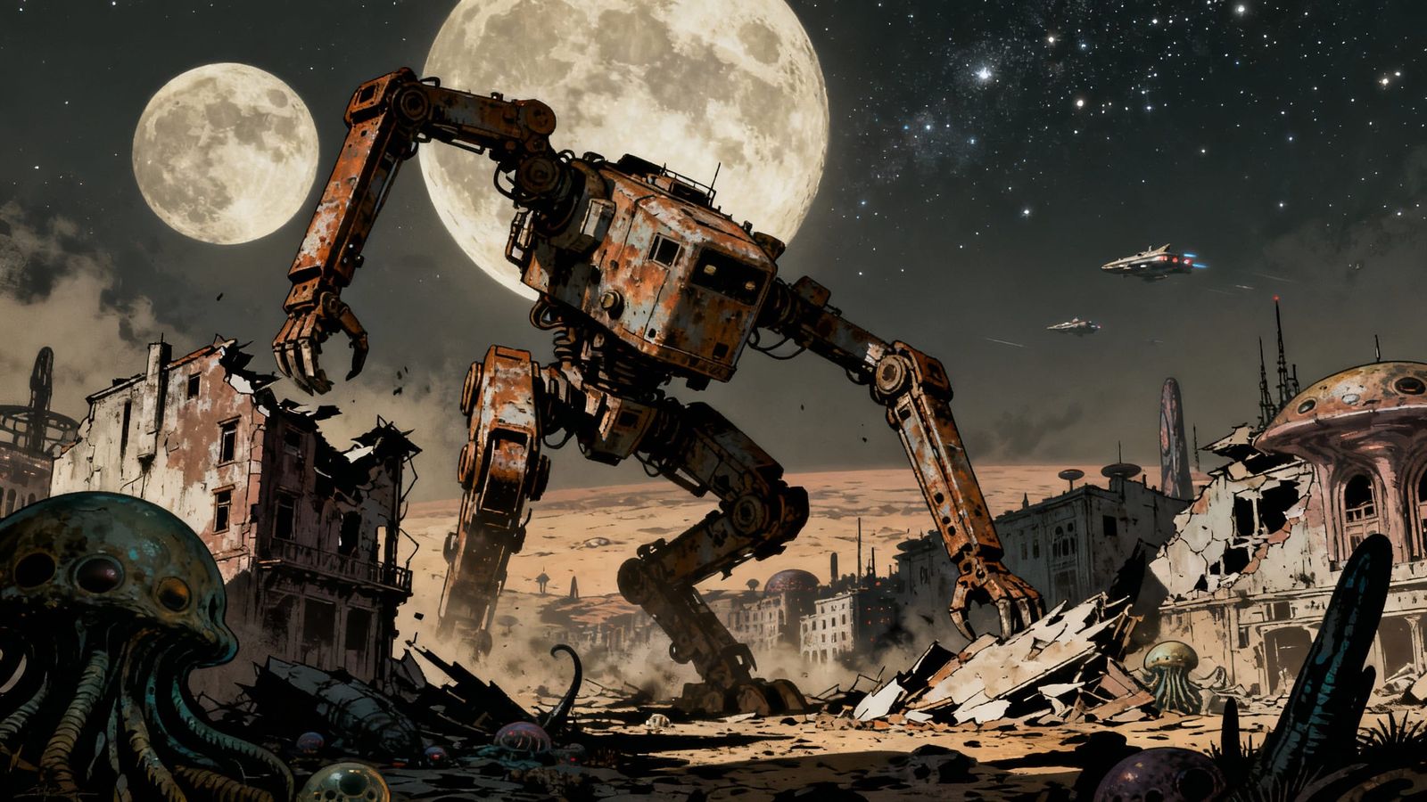 Gigantic Mecha Robot Destroys Alien City Under Two Moons