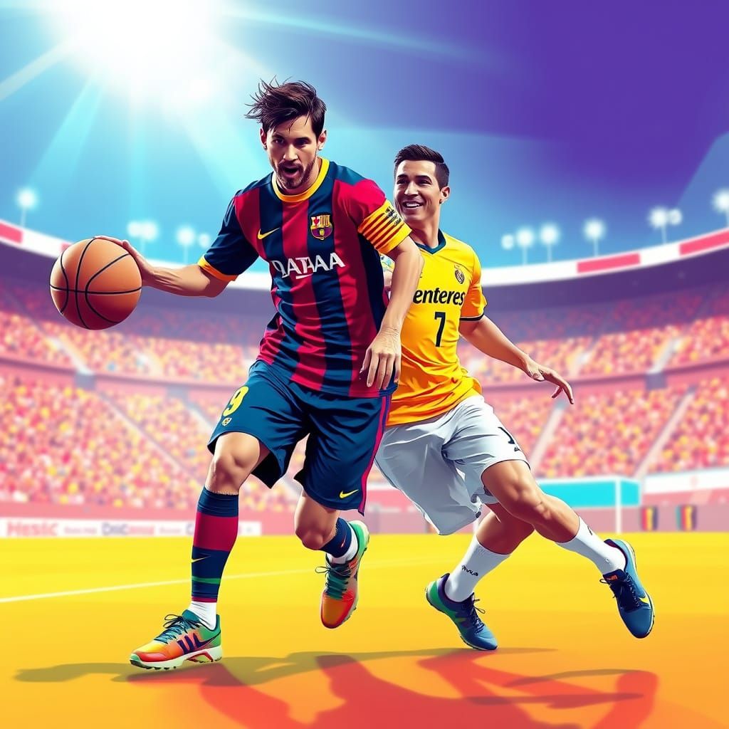 Dynamic Basketball Scene with Lionel Messi and Cristiano Ron...