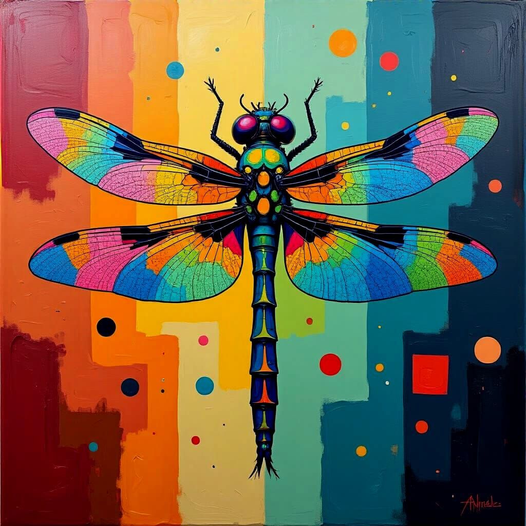 Psychedelic Cubist Dragonfly Glitch-Core Oil Painting