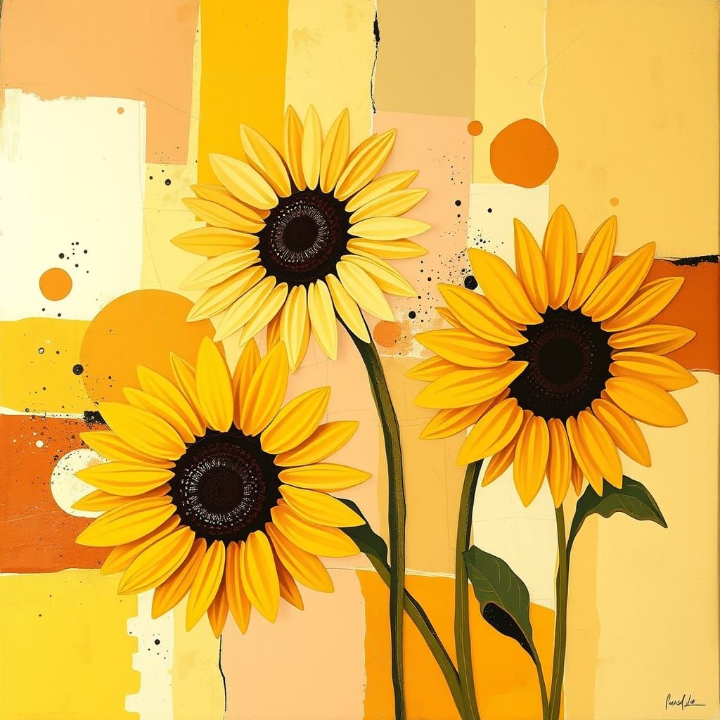 Abstract Sunflowers in Mondrian Style with Warm Tones