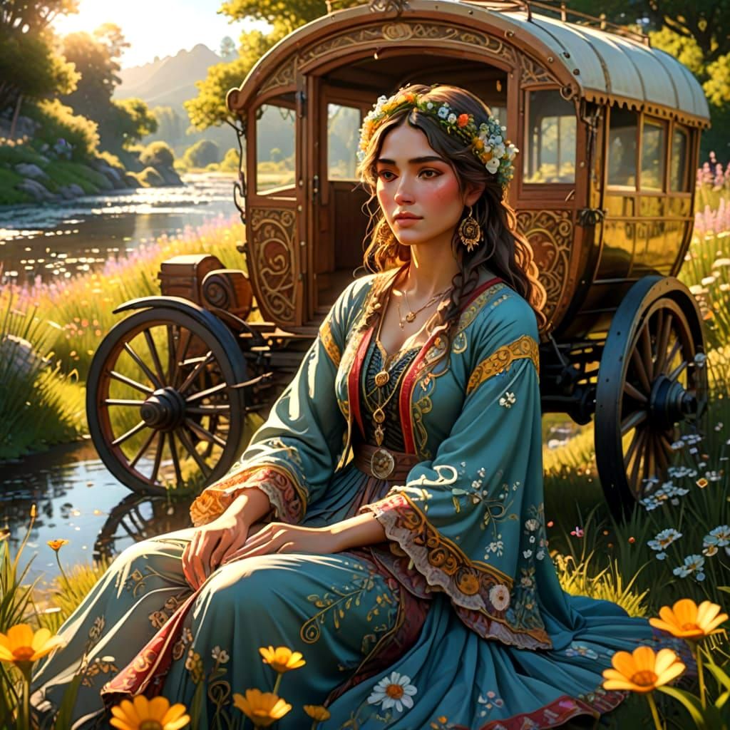 Exotic Gypsy Woman in Wildflower Meadow