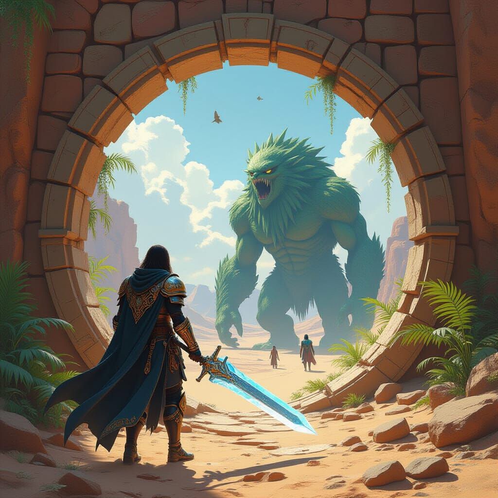 Warrior Stepping into Jungle Portal, Mystical Landscape