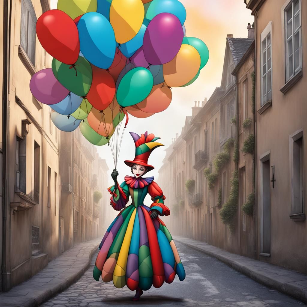 Harlequin in a Colorful Flower Street: 8K Illustration