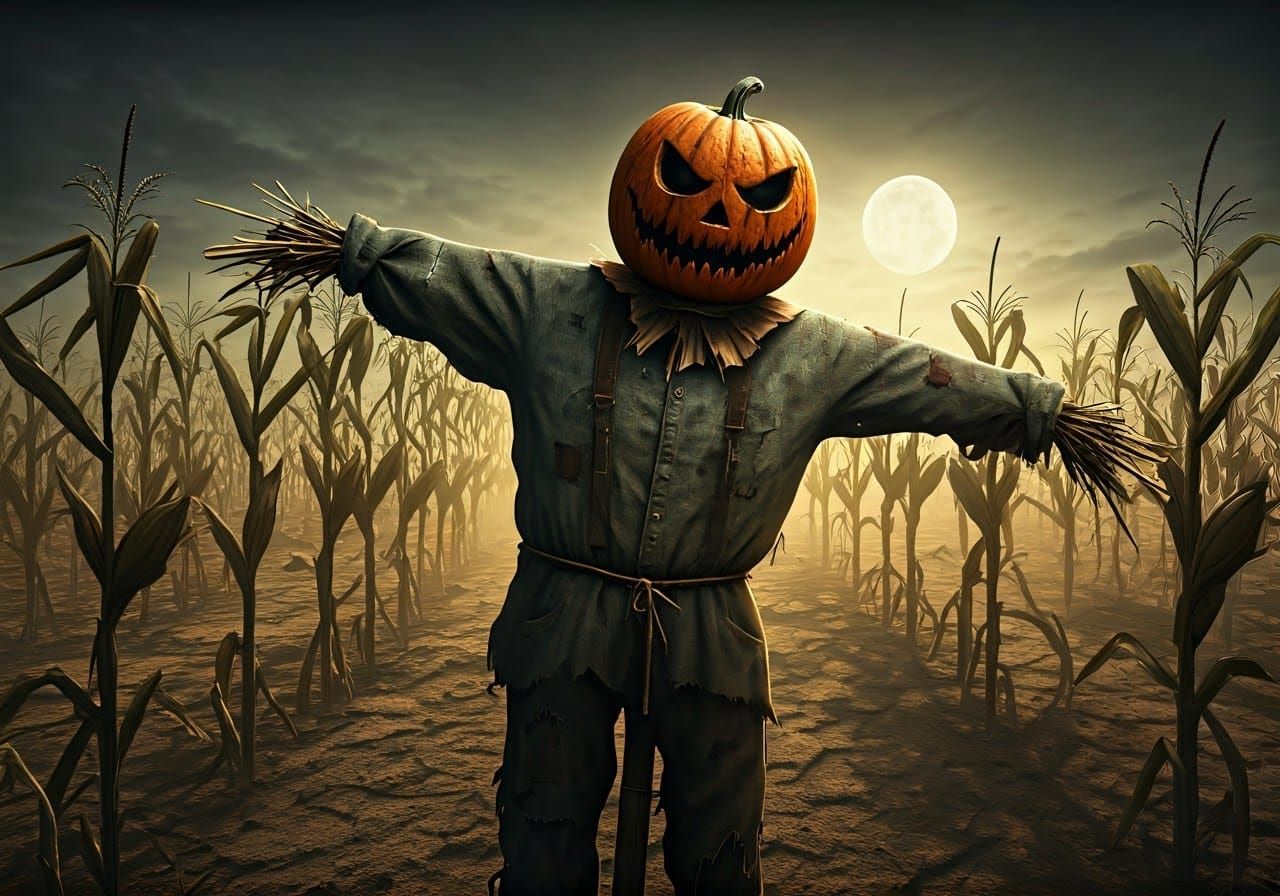 Menacing Scarecrow in Moonlit Cornfield, Photorealistic Styl...