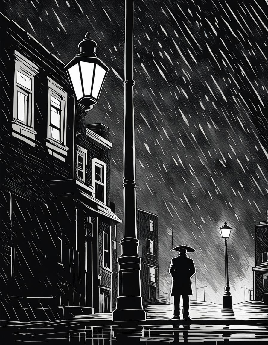 Noir Man in Rain: Minimalist Woodcut Style