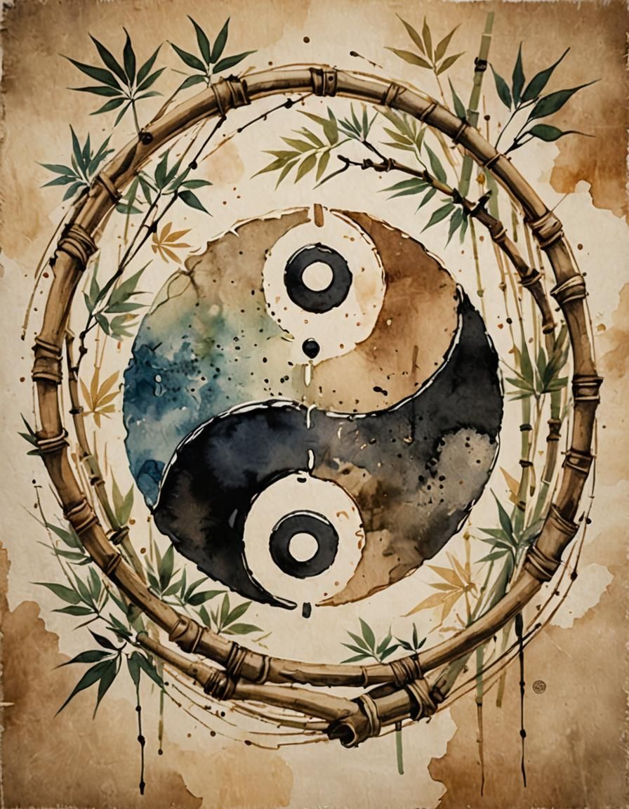 Yin Yang Symbol in Watercolor Style on Hemp