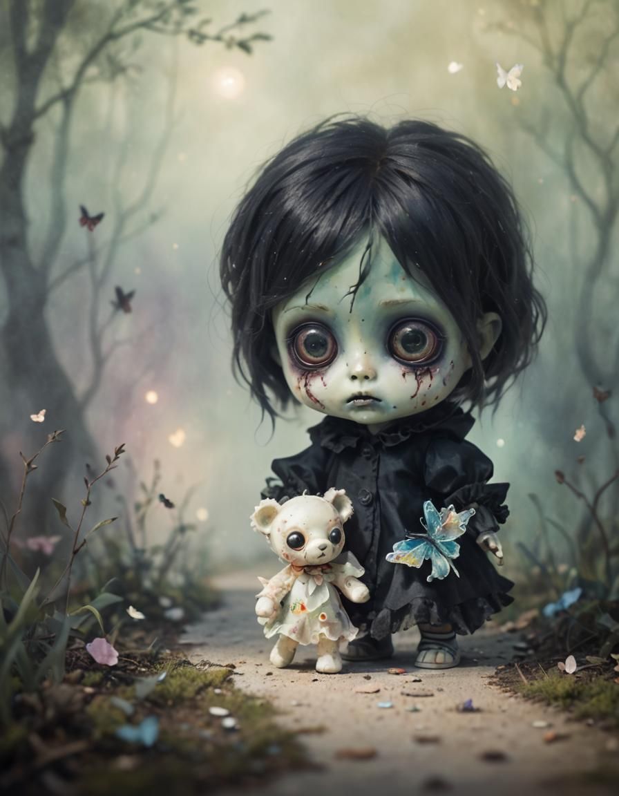 Zombie Doll in Fantasy World, Surreal Watercolor
