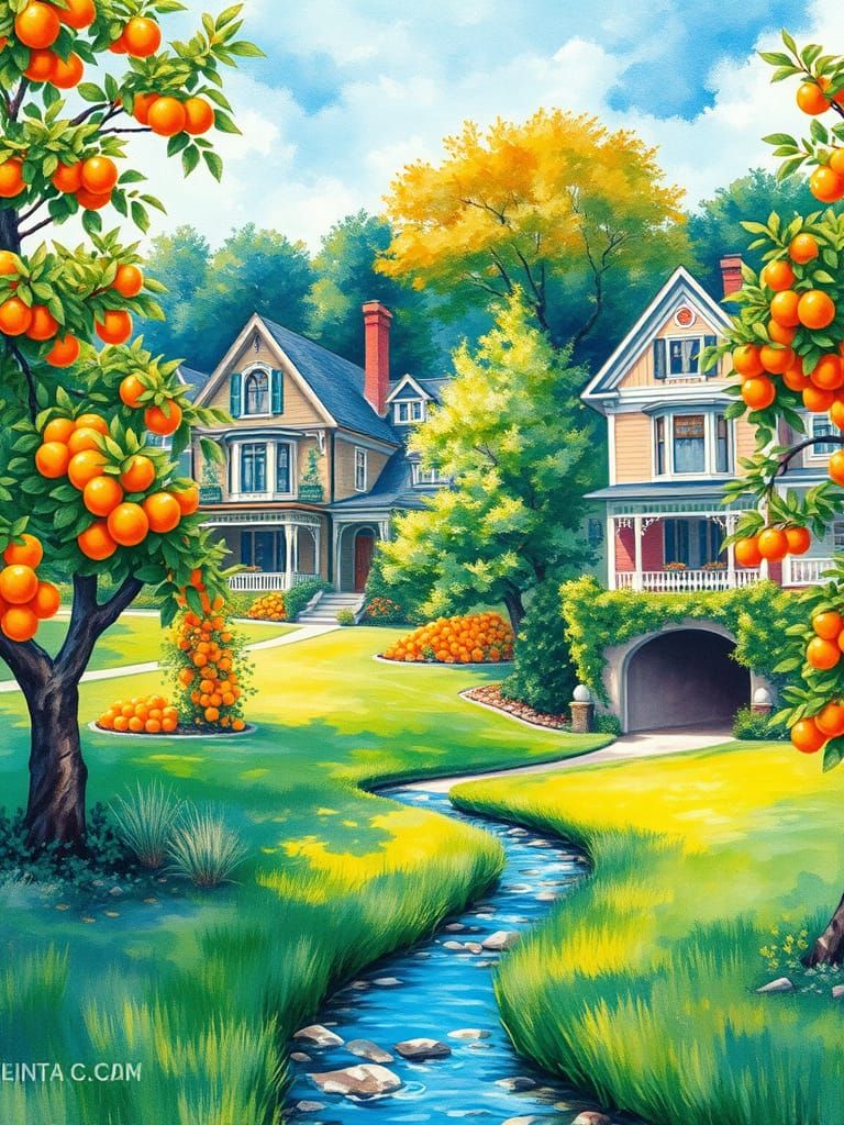 Vibrant Victorian Houses Amidst Lush Orange Farm