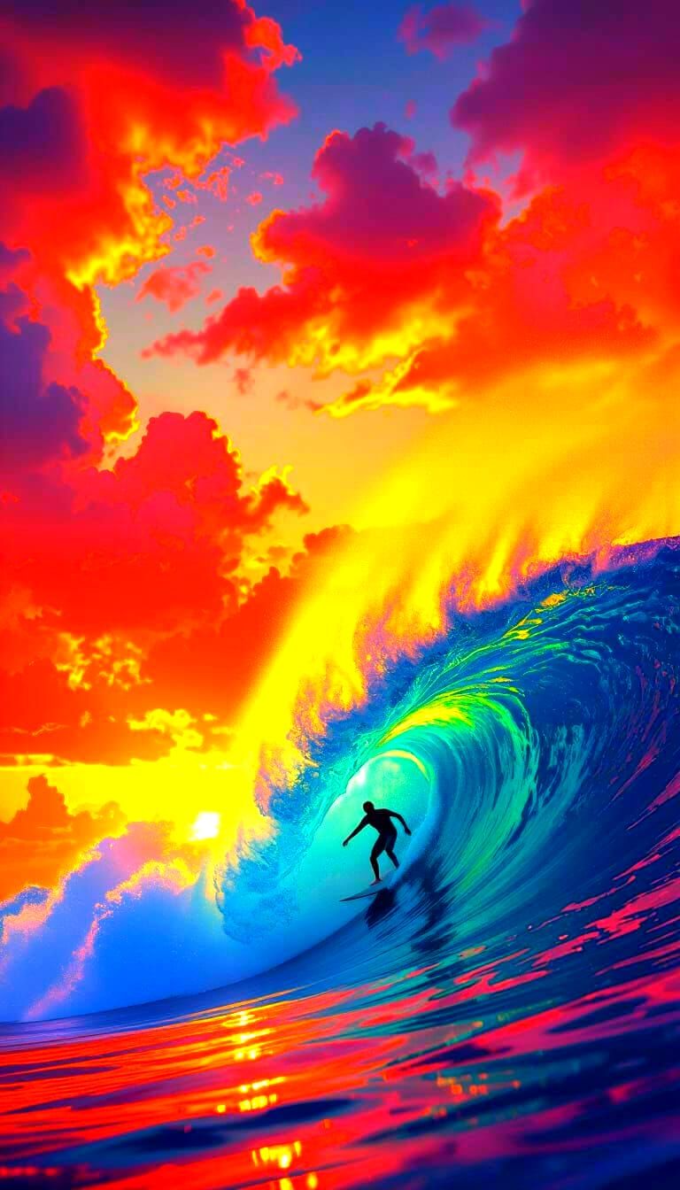 Surfer Rides Wave at Sunset in Splash Art Style