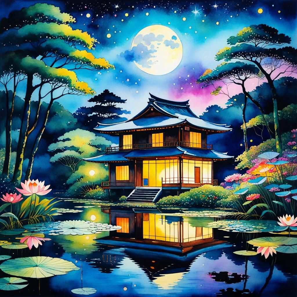 Japanese Lakeside House in Watercolour with Water Lilies