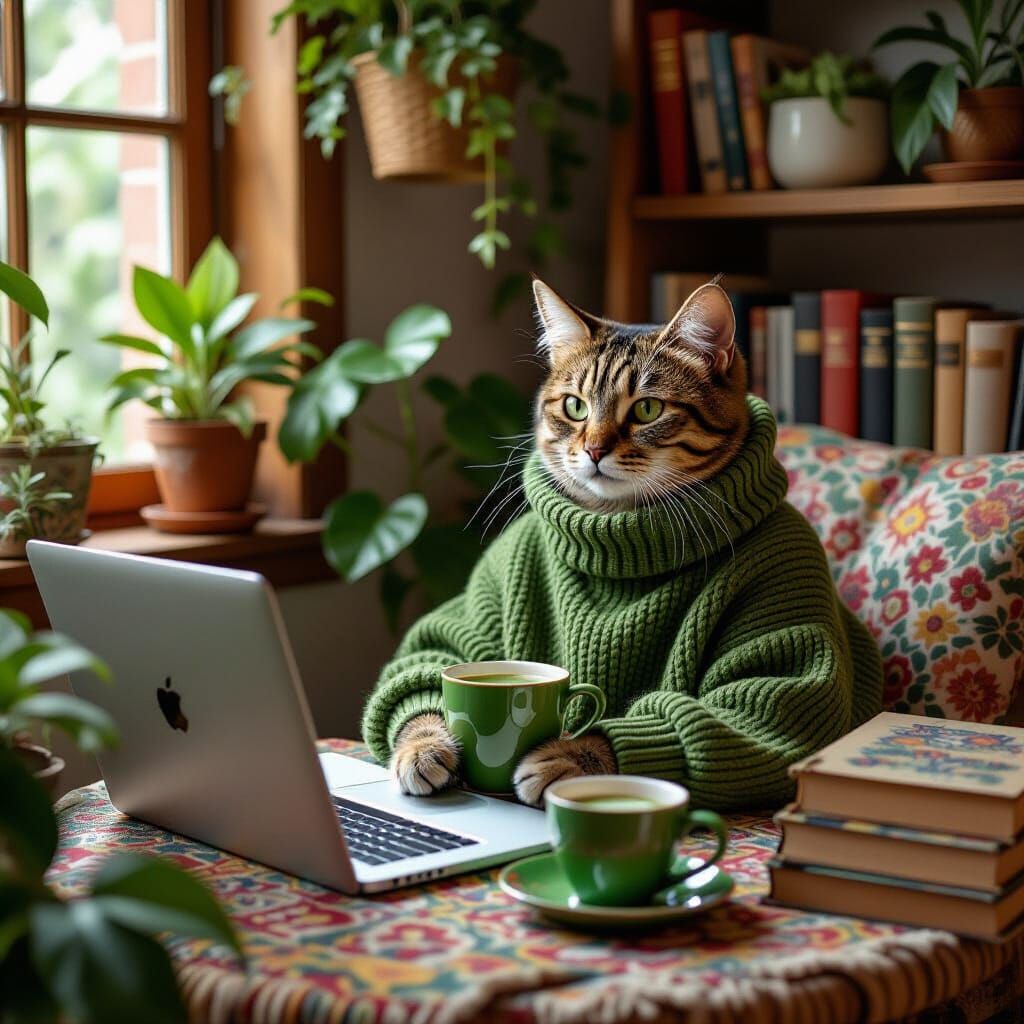 Relaxed Cat in Bohemian Room as Digital Painting