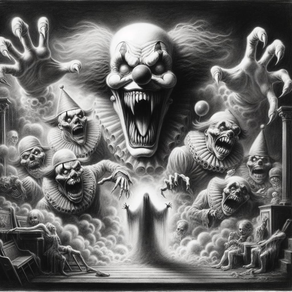 Horror Clown and Ghost in Charcoal Drawing