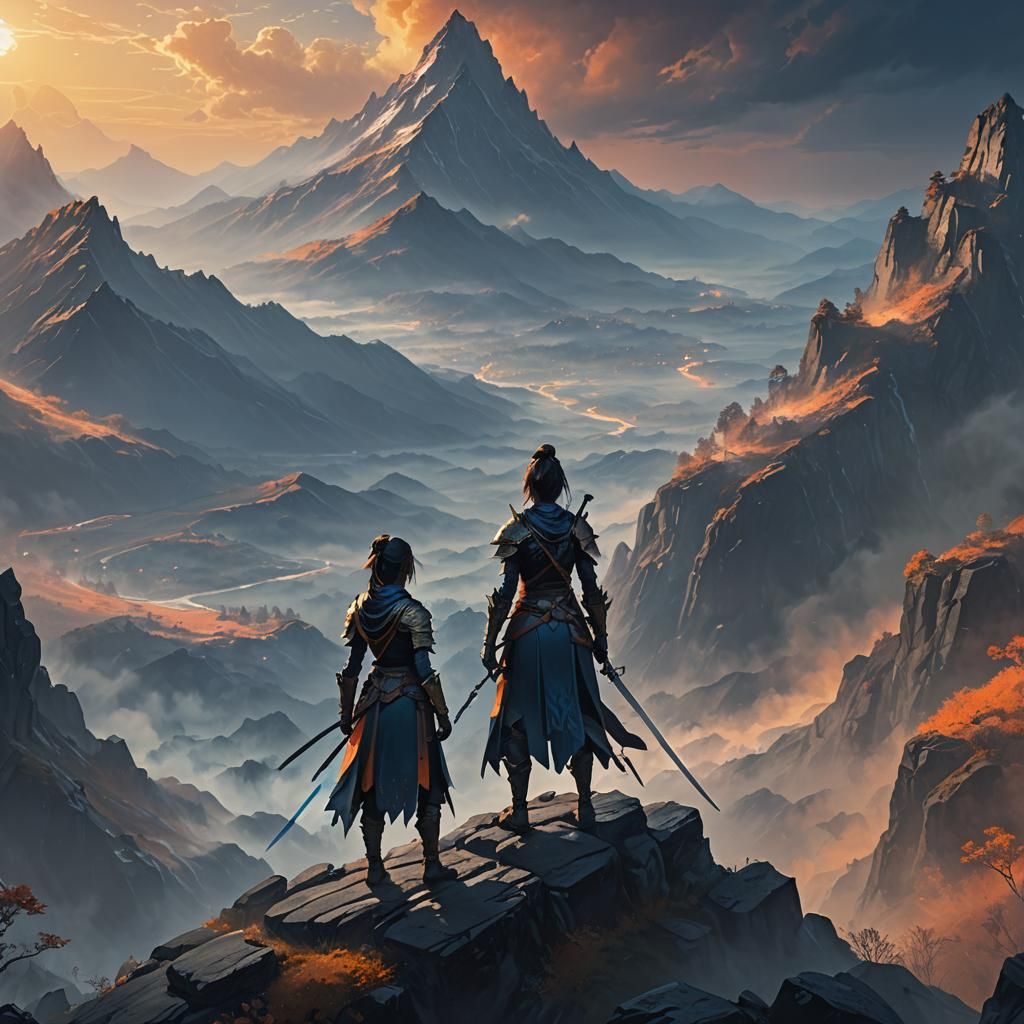 Shadow Swordswoman on Misty Peak in Fantasy Art