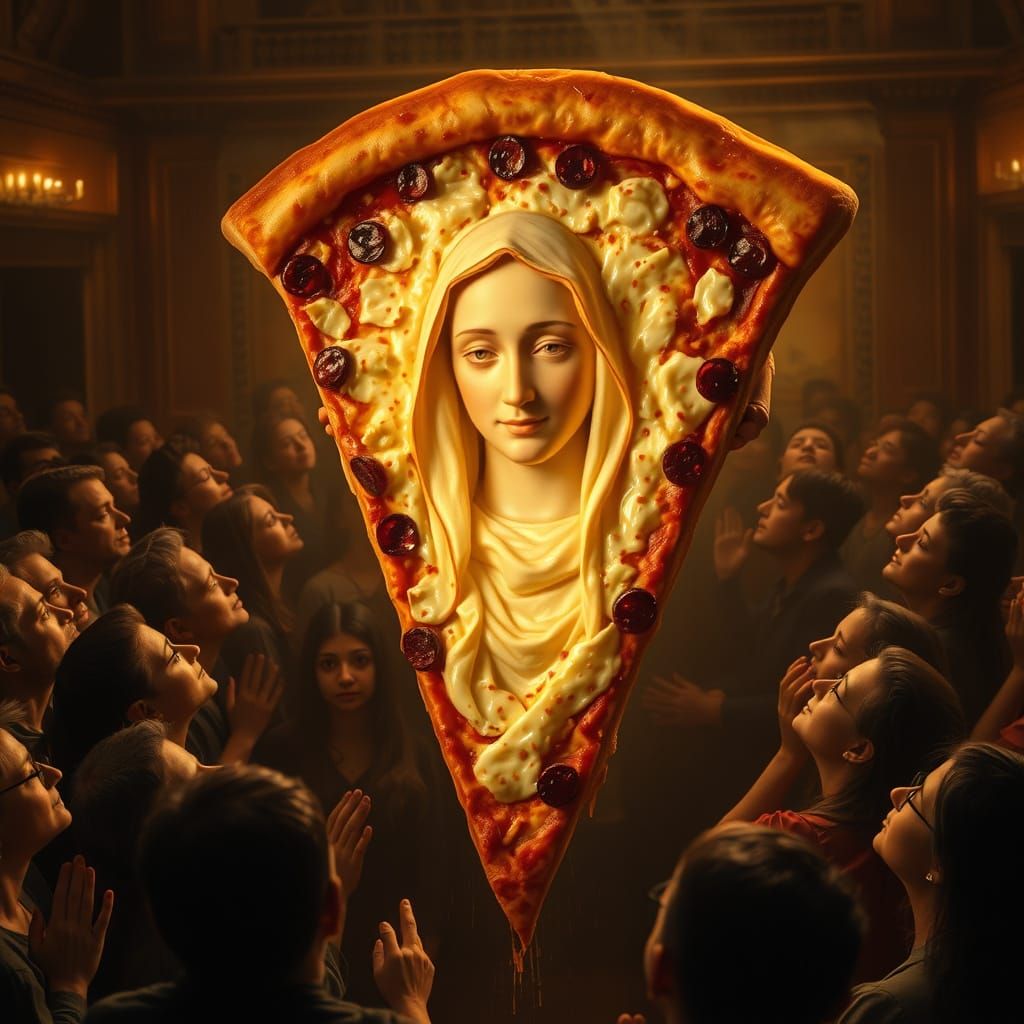 Divine Pizza Vision of Mary in Golden Chiaroscuro