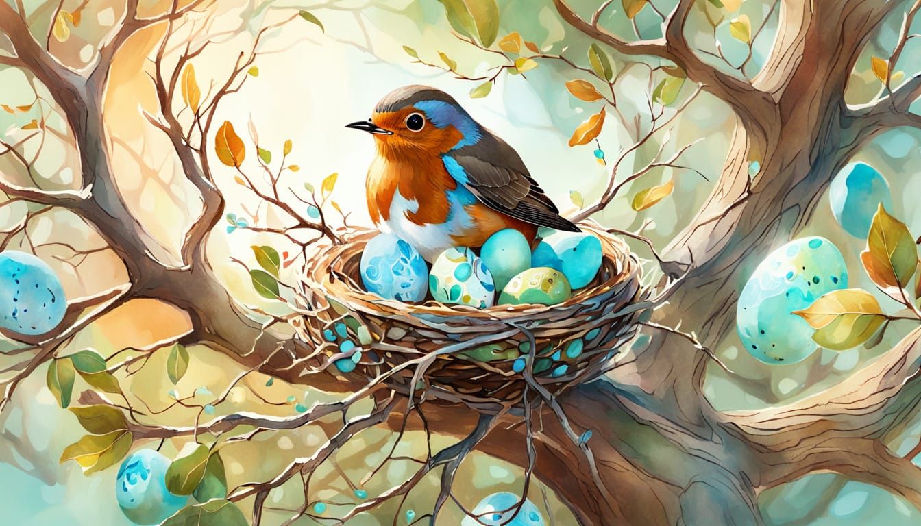 Robin Views Nest of Blue Eggs: Watercolor Art