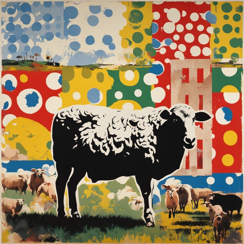 Surreal Sheep Scene in Polkadots Farm