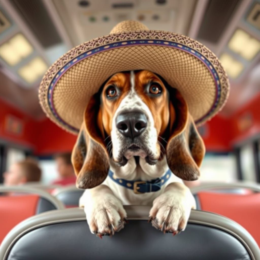 Basset Hound in Sombrero on a Bus