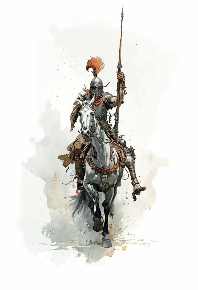 Rider wearing iron armor and headdress riding a horse. Painting by Frank Frazetta (splash art , ink drawing, watercolor)...