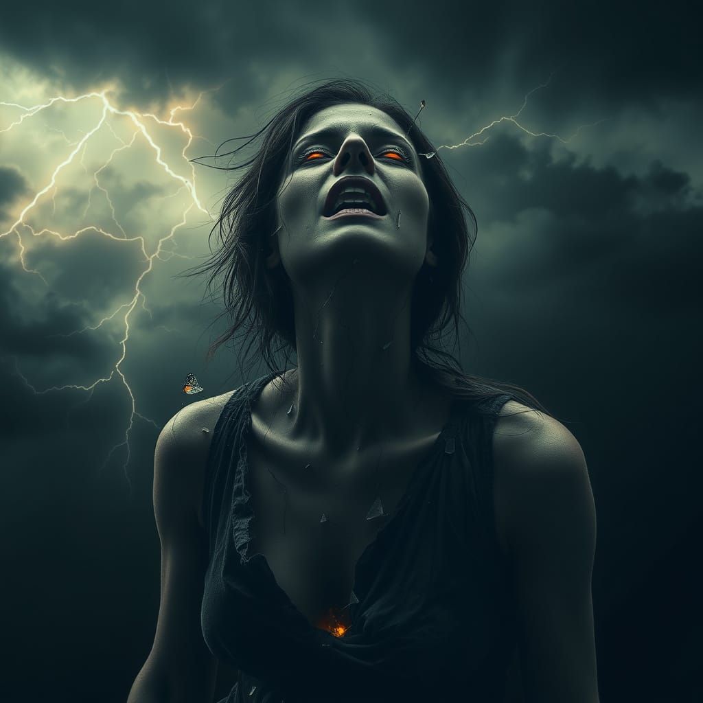 Tormented Woman Emerges from Dark Shadows in a Haunting Surr...