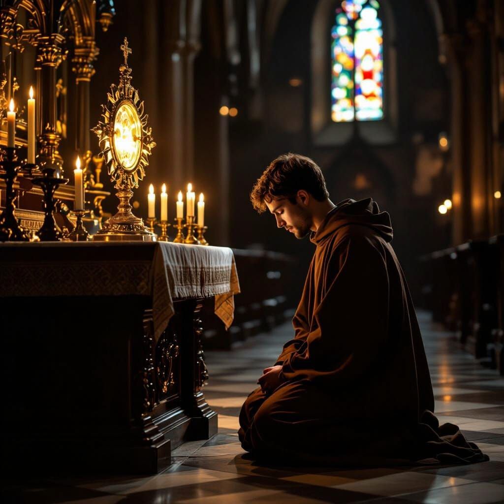 Monk Kneeling Before Blessed Sacrament in Gothic Chapel