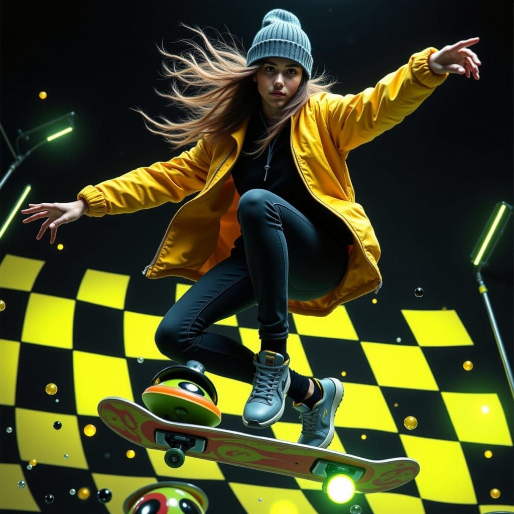 Skateboarder in Mid-Air with Retro Neon Aesthetic