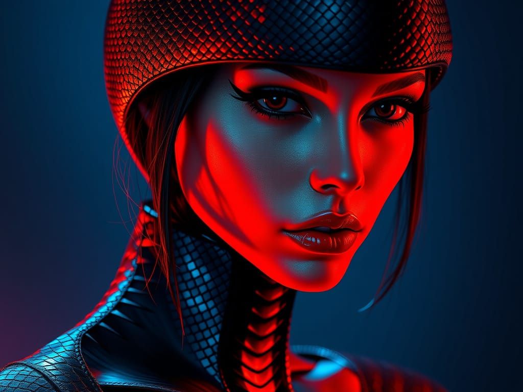 Enigmatic Woman in Vibrant Snakeskin, Hyperrealistic Digital...