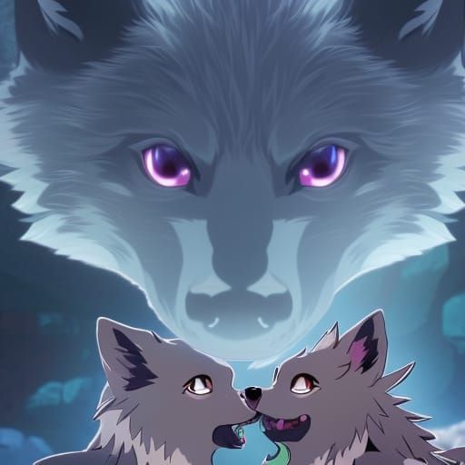 Cute Wolf Pups in Crystal Cave: Anime Style