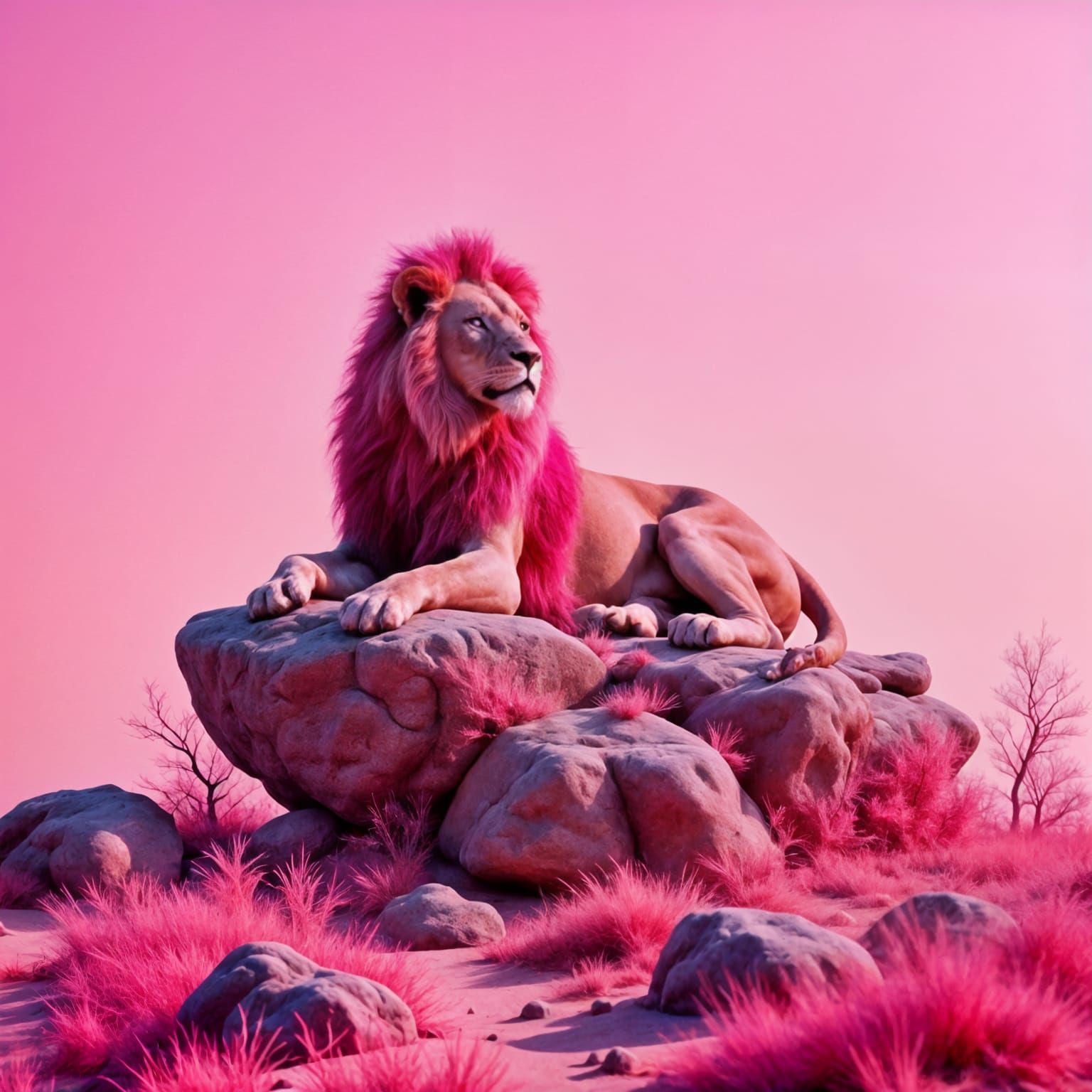 Pink Lion Lounging on Savanna Rocks