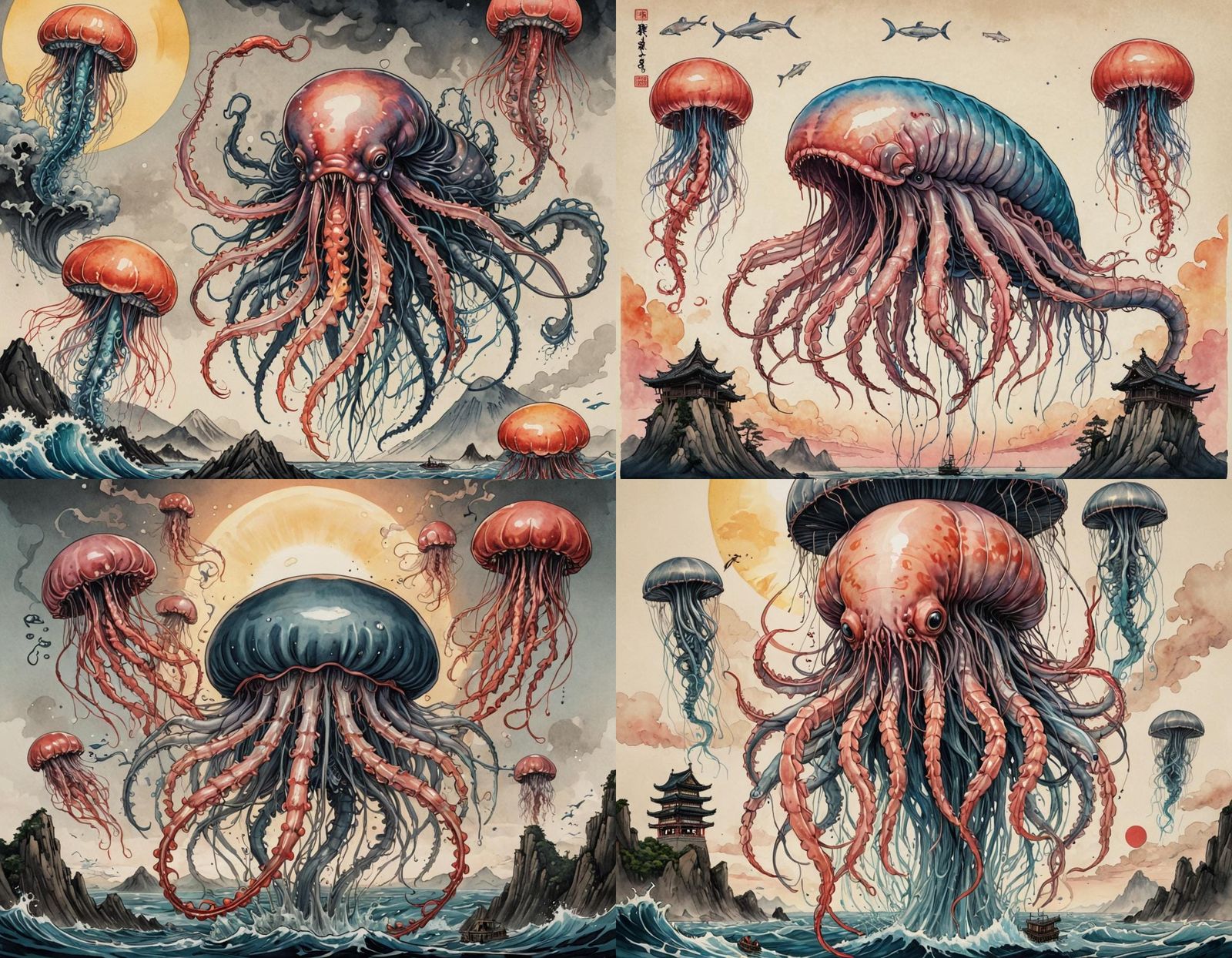 Bizarre Japanese Horror Hybrid in Ink Illustration