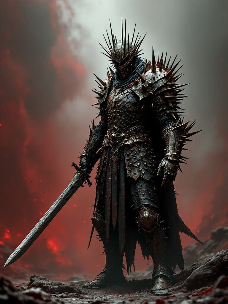 Apocalyptic Banished Knight in Dystopian Armor Stand