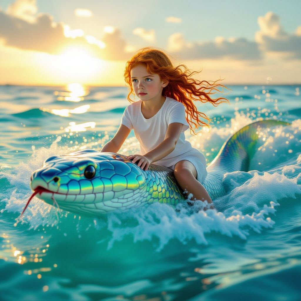 Girl Rides Giant Iridescent Water Snake at Golden Hour