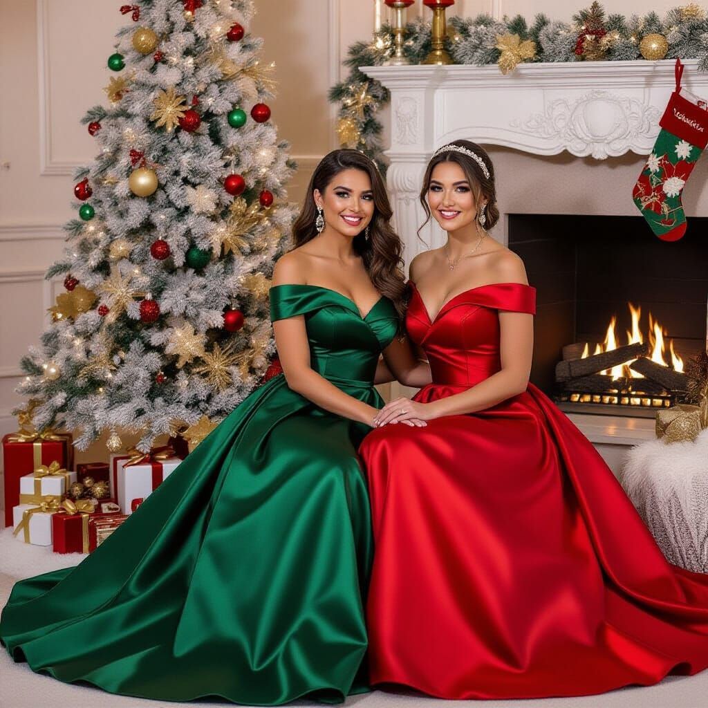 Belle in Satin Christmas Dress by Tree