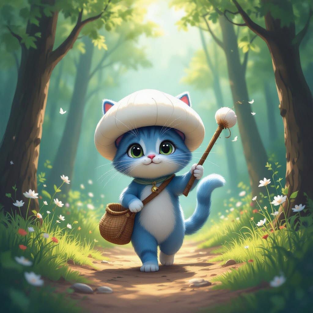 Blue Cat with Mushroom Hat in Magical Forest