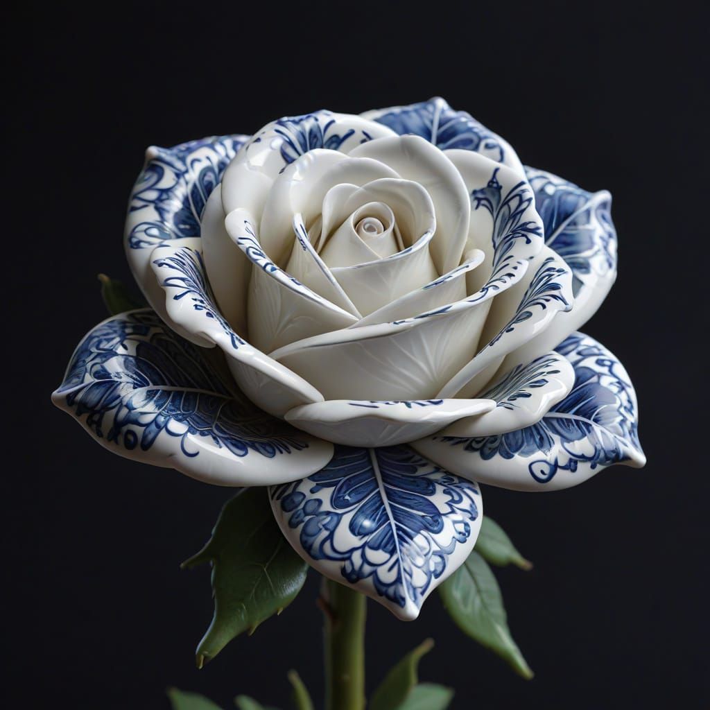Stunning White Porcelain Rose in Intricate Blue Patterns