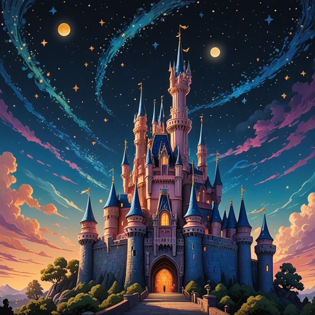 Disney Castle in Vibrant Night Sky with Shimmering Stars