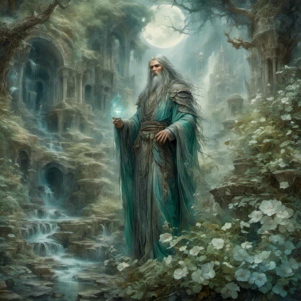 Ethereal Sage in Ghostly Garden, Surreal Art