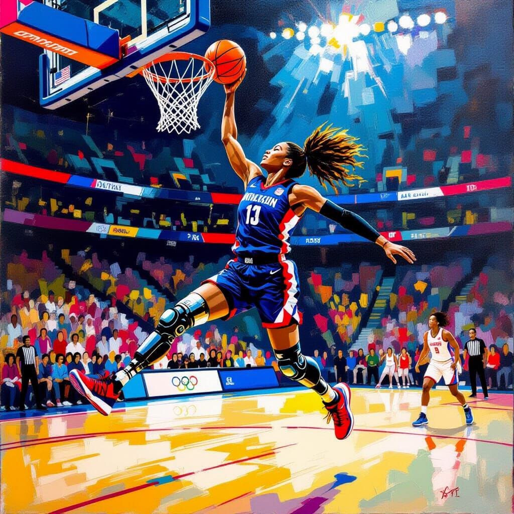 Amputee Basketball Player: Expressionist Acrylic Painting