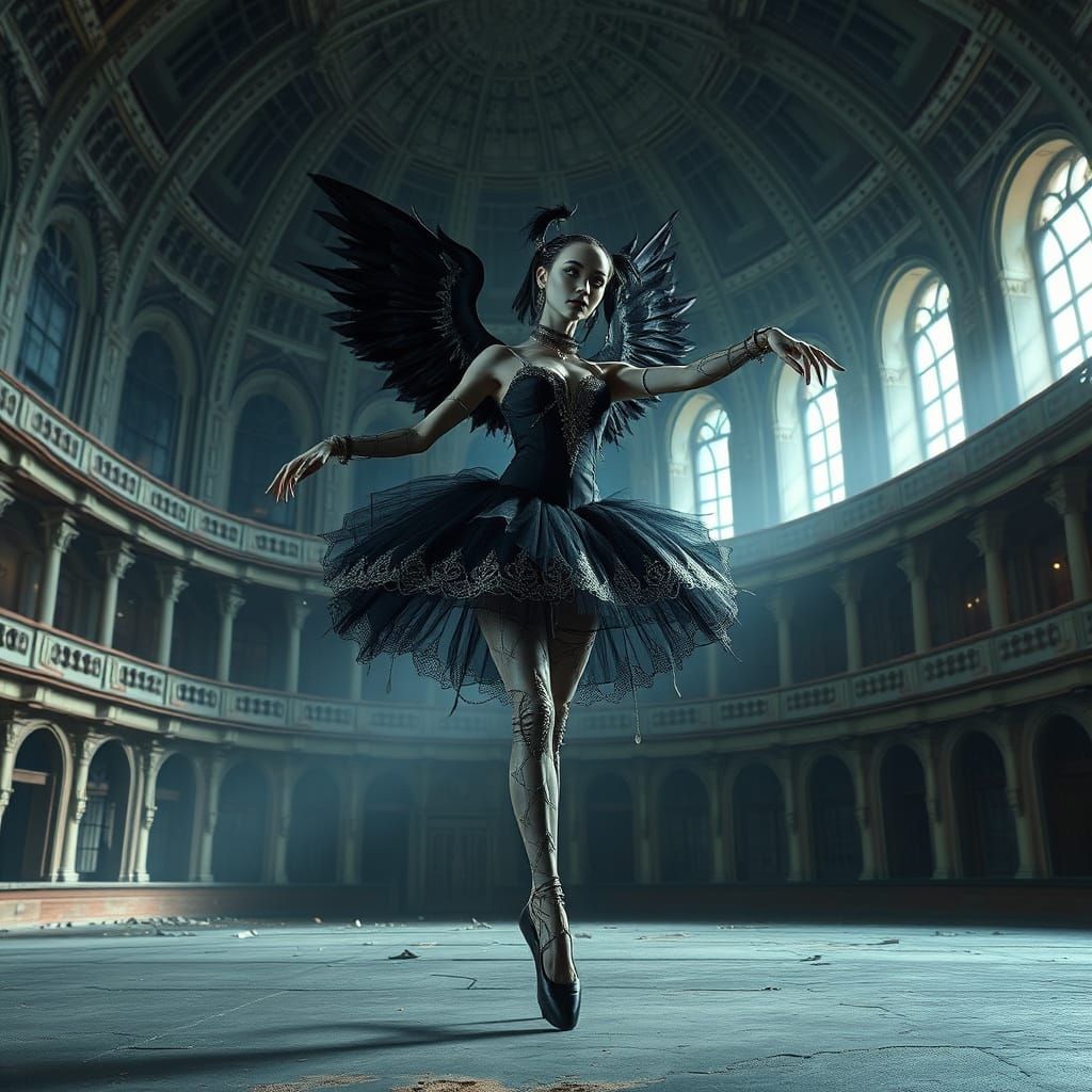 Gothic Cyborg Ballerina in a Haunting, Moonlit Opera House