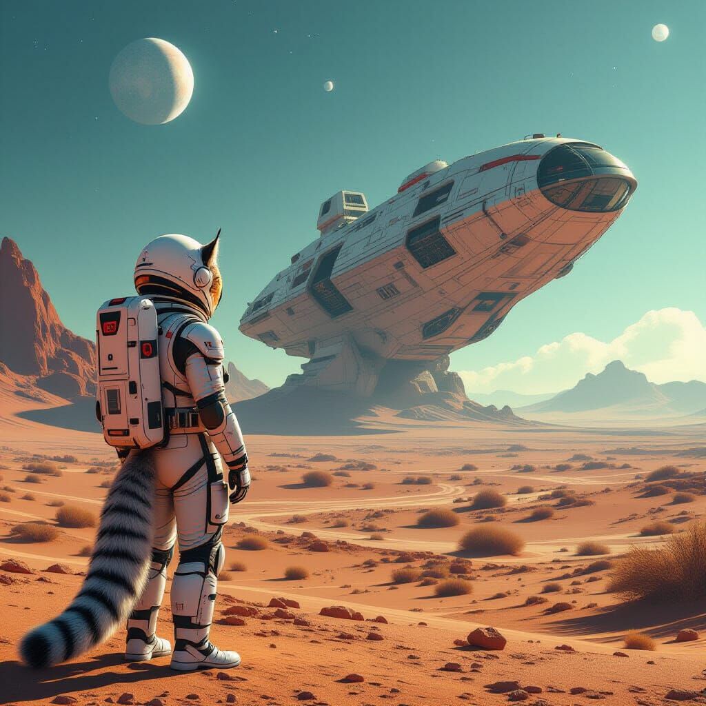 Lynx Astronaut on Alien Planet Gazing at Derelict Starship