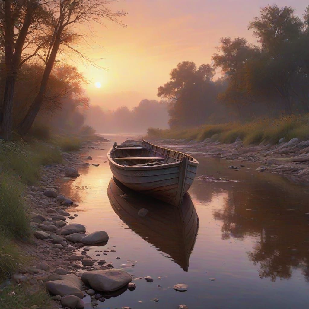 Serene Sunset River Scene with Rustic Boat